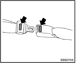 The center seat belt buckle and the tongue are identified by the CENTER mark.