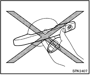 - Do not push the door handle request switch with the Intelligent Key held in