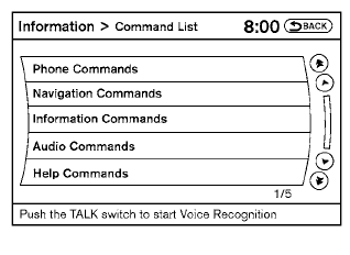 5. Select a category using the NISSAN controller. The command list for the