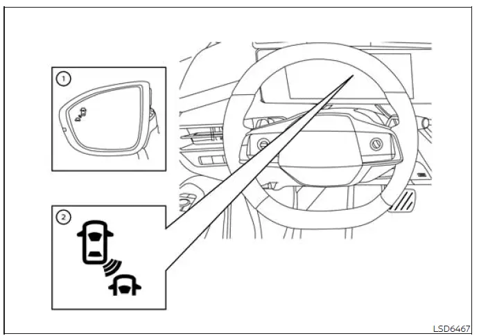 Nissan Murano Blind Spot Warning indicator lights and instrument display alert