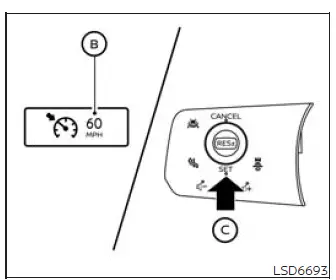 SET switch operation for selecting Nissan Murano conventional cruise speed