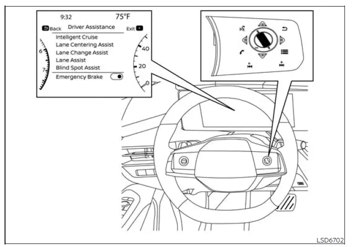 Nissan Murano vehicle information display showing the AEB with Pedestrian Detection settings menu