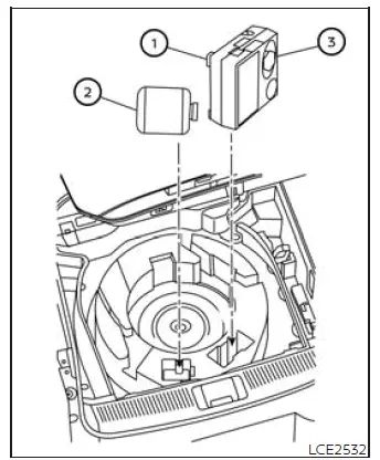 Emergency tire puncture repair kit components stored in the Nissan Murano cargo area