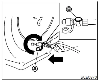 Compressor hose connected to the flat tire valve with pressure release valve identified