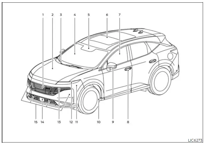 Front exterior component locations on the Nissan Murano
