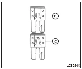 Open fuse B and equivalent replacement fuse C