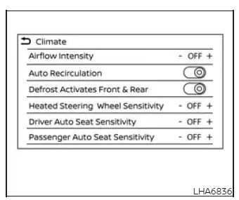 Nissan Murano climate control settings screen with automatic comfort options
