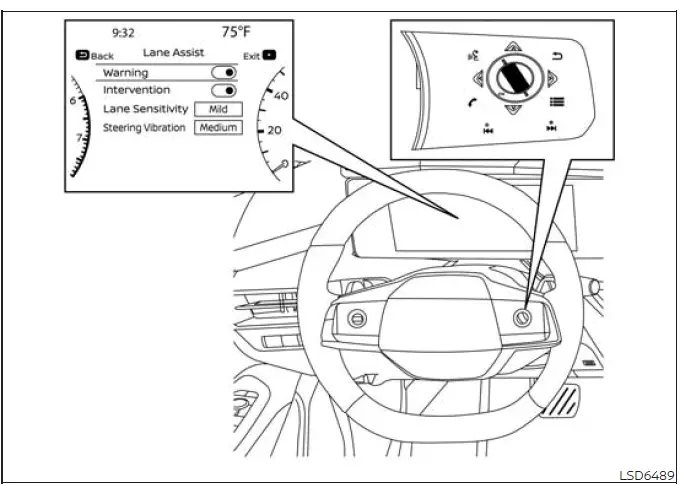 Intelligent Lane Intervention settings menu in the Nissan Murano vehicle information display