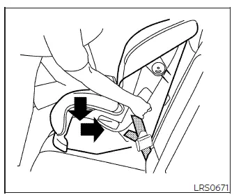 Pressing forward-facing child restraint downward and rearward while tightening LATCH webbing step 4