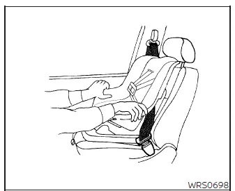 Testing a forward-facing child restraint near the seat belt path step 8