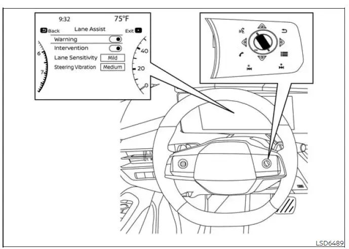 Lane Assist warning settings displayed in the Nissan Murano vehicle information screen
