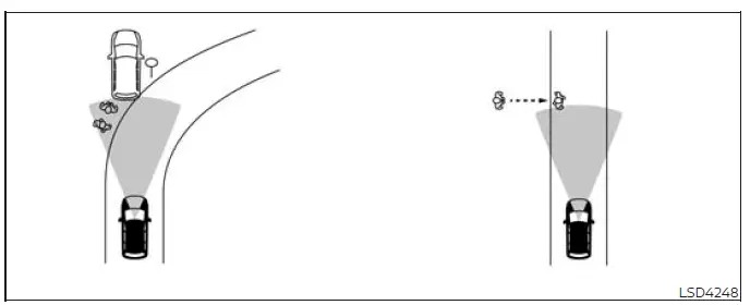 Nissan Murano AEB system responding to an oncoming vehicle on a curved roadway