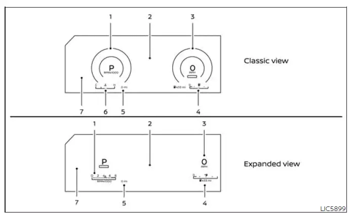 Nissan Murano meter cluster overview with tachometer speedometer fuel gauge odometer coolant gauge and warning lights