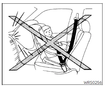 Child restraint warning illustration showing proper child seat use in the rear seat