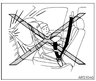 Air bag safety illustration showing the risk of a rear-facing child restraint in the front passenger seat