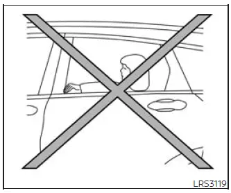 Side air bag and curtain air bag warning showing occupants seated upright away from doors and roof rails