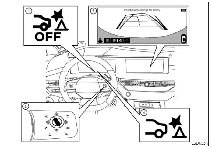 Nissan Murano display and controls associated with Rear Automatic Braking operation