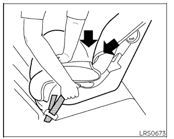 Pressing rear-facing child restraint down and rearward while tightening LATCH webbing step 3