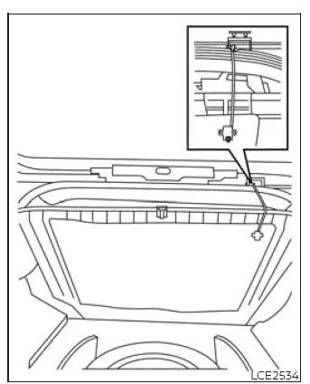 Rear cargo area of Nissan Murano with carpeted floorboard access strap