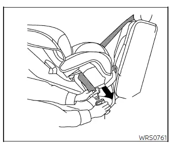 Seat belt tongue routed through rear-facing child restraint and latched into buckle step 2