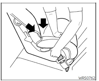 Pressing rear-facing child restraint downward and rearward while tightening seat belt step 5