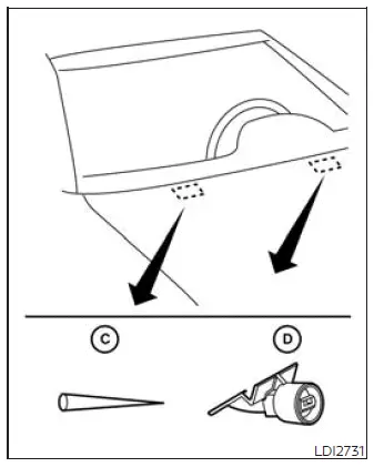 Nissan Murano windshield washer nozzle and cleaning pin locations